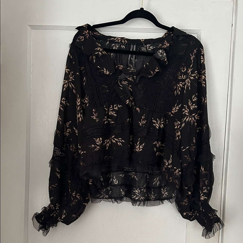Anthropologie Black and Cream Floral Blouse